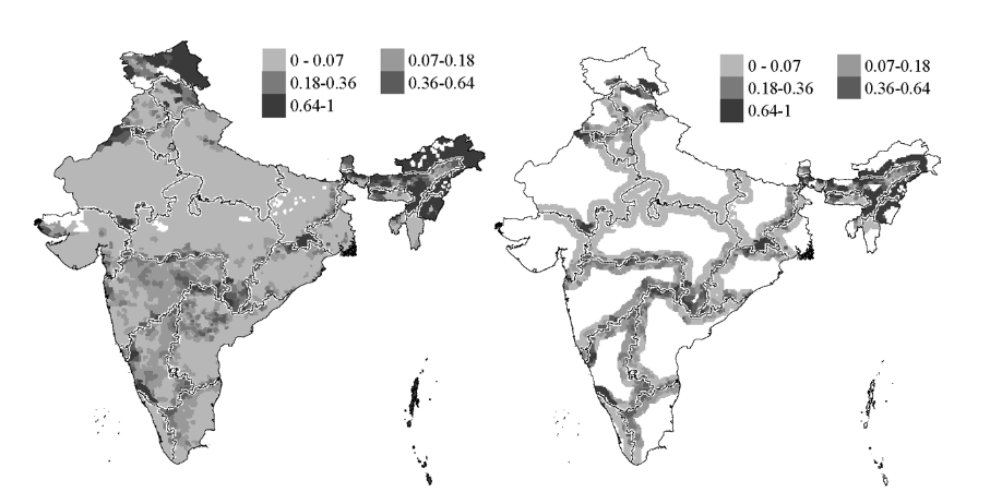 Share of non-state official language speakers (left) vs. share of non-state official language speakers in cells within 50 kms of state borders (right)