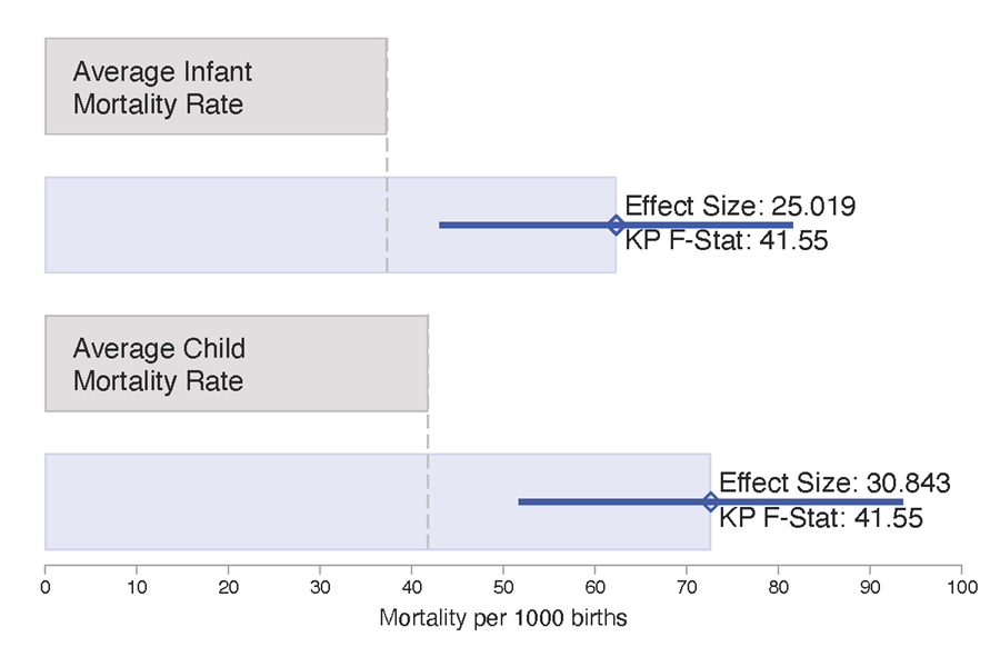 Additional infant and child mortality per 1,000 births from a 1‑log rise in in utero PM2.5