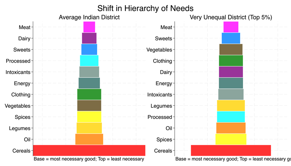 ‘Pyramid of needs’ constructed from structural income elasticities, comparing average and high-inequality districts